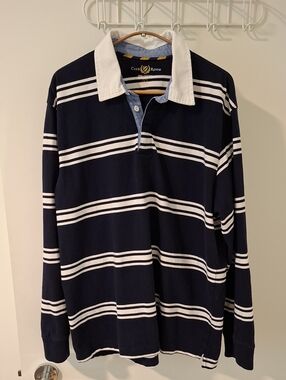 Club Room Classic 100% Cotton Navy & White Striped Polo/Rugby Shirt (Size L)